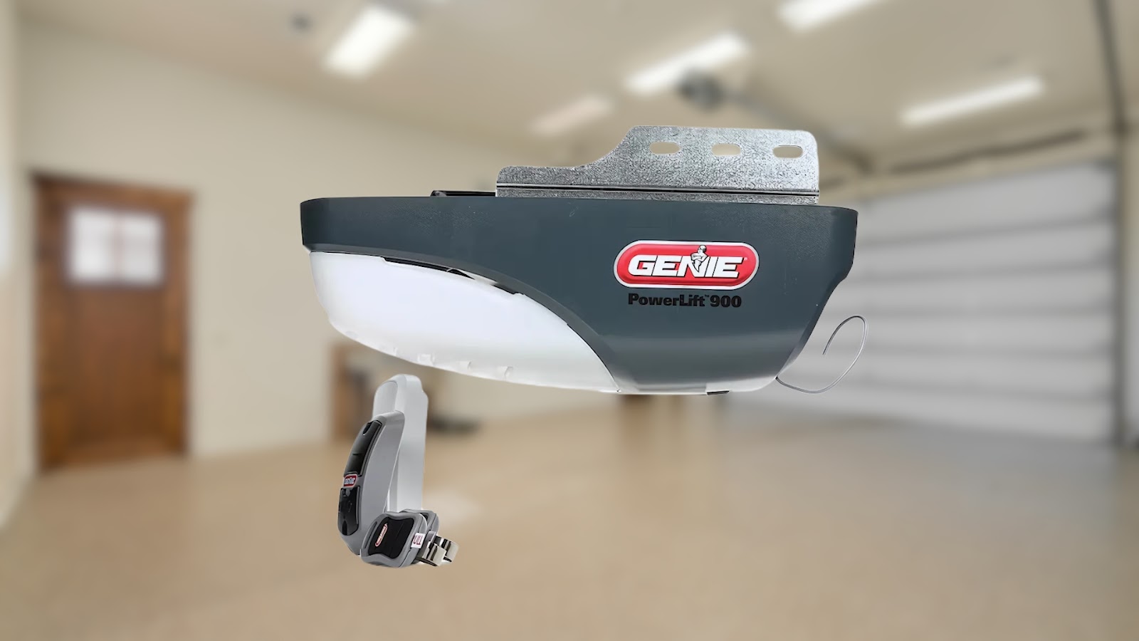 A Genie PowerLift 900 screw-drive garage opener installed in a home garage.