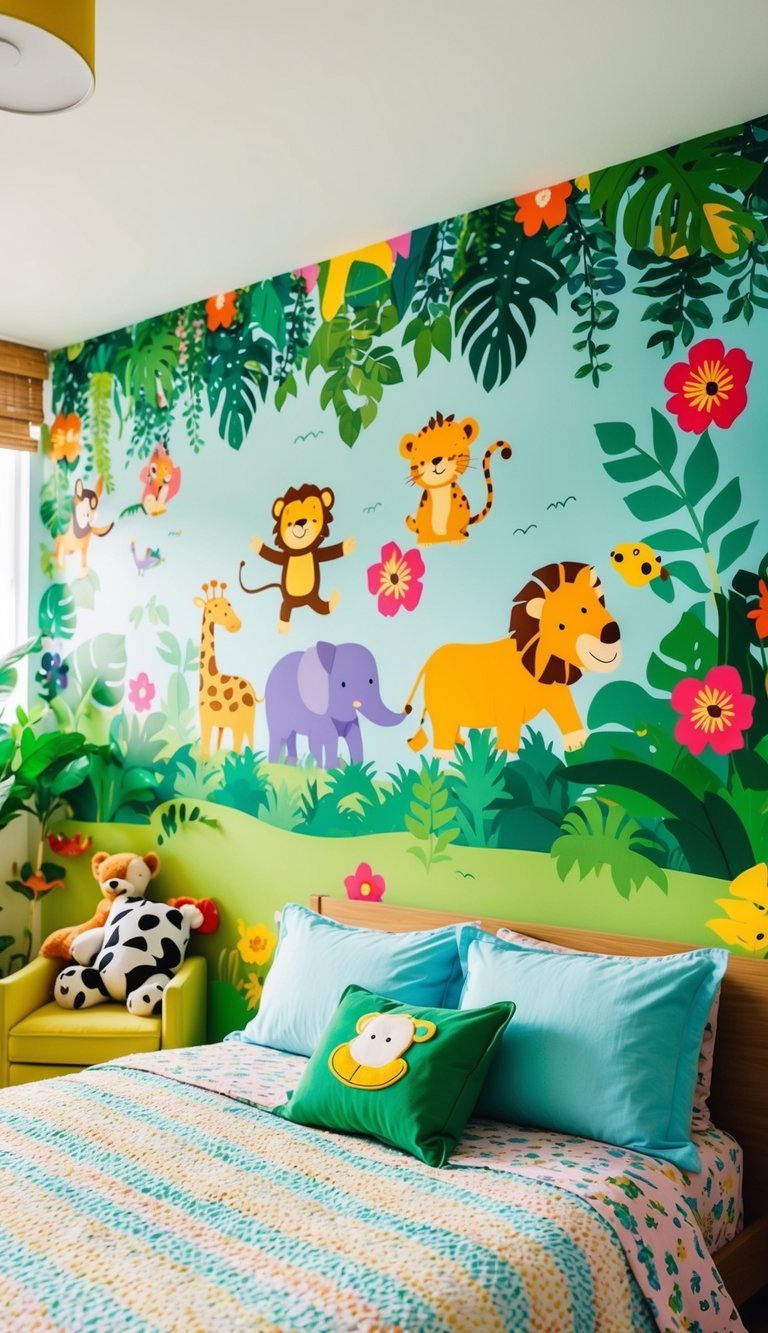 A colorful jungle scene with playful animals, lush foliage, and vibrant flowers adorning the walls of a cozy kids' bedroom