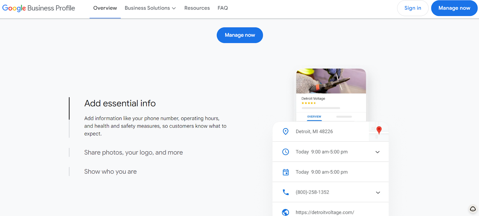 Google Business Profile page showing how to add essential info to promote your business locally, including address, hours, and contact details.