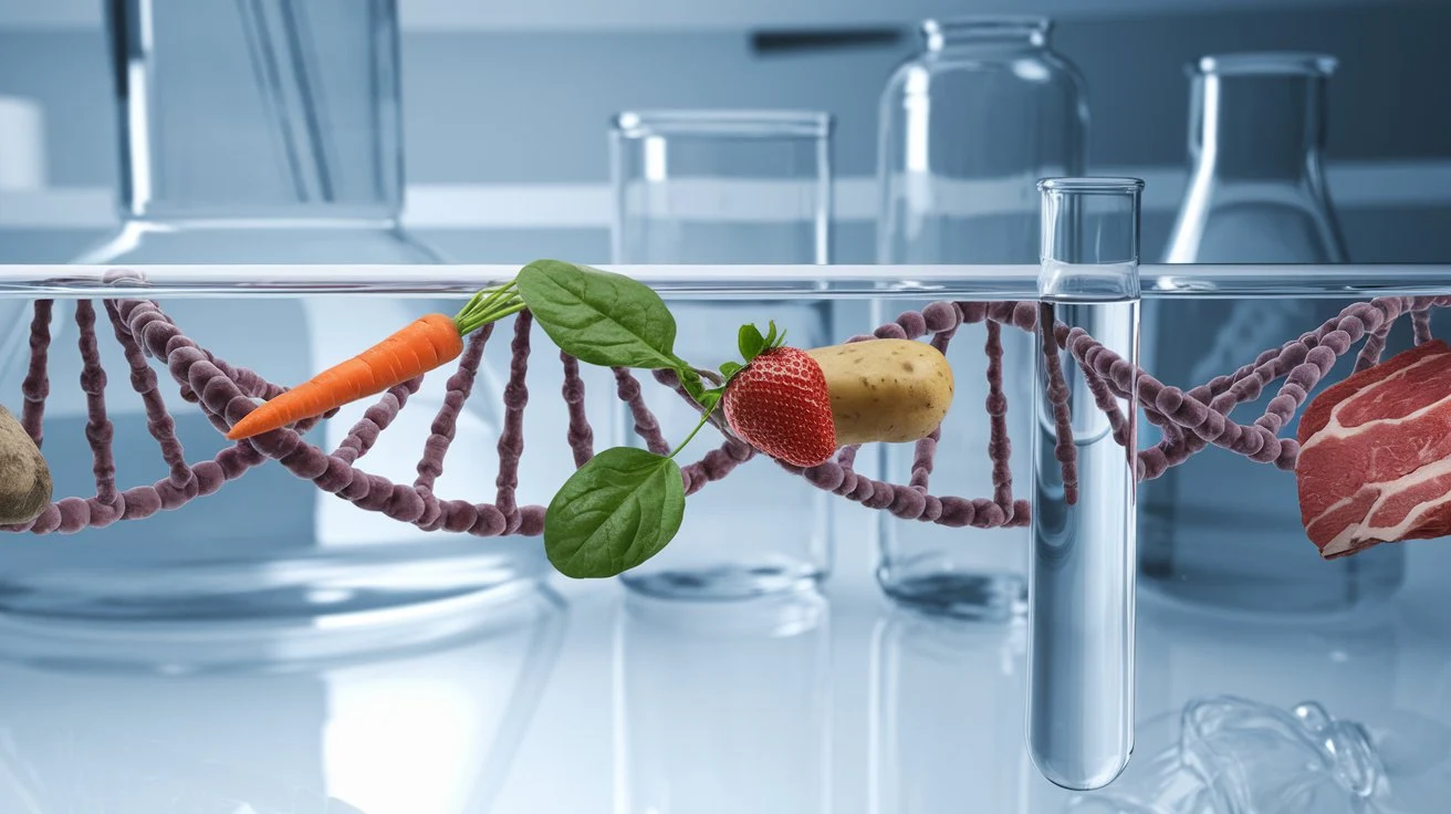 DNA strand with food items illustrating the concept of nutrigenomics.