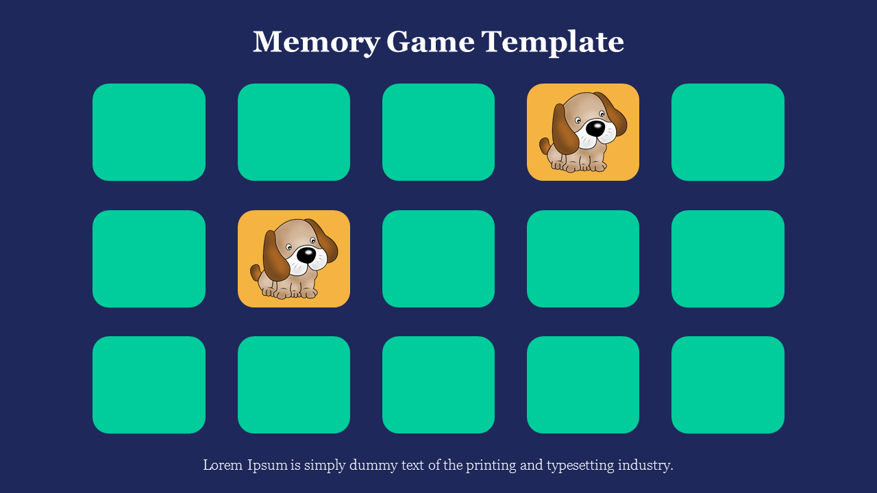 Memory game template with a grid of green cards, two flipped cards revealing dog illustrations, on a dark blue background.