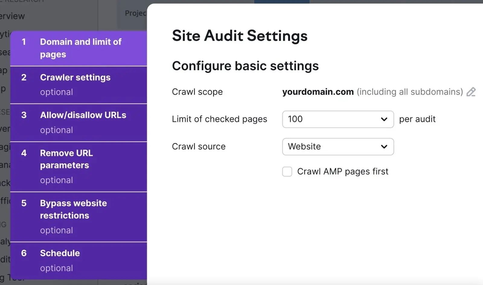 "Site Audit Settings" window