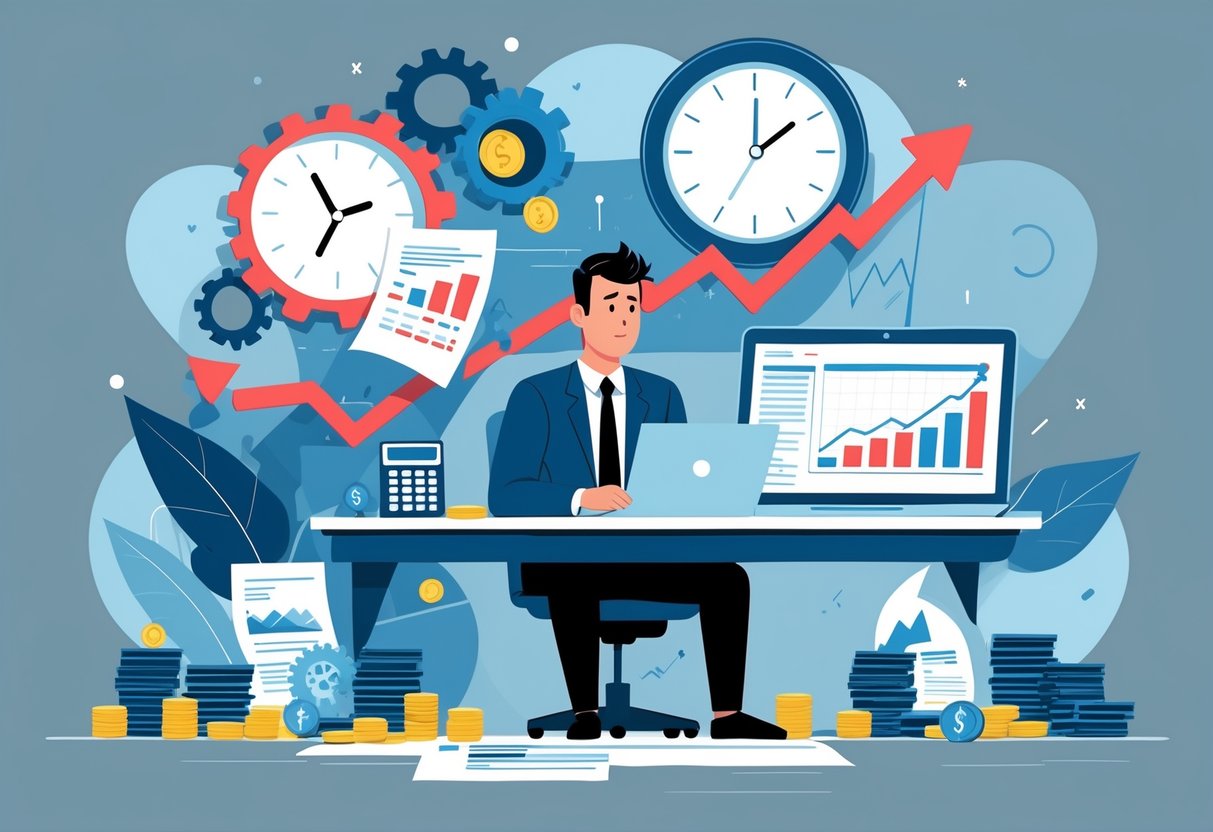 A small business owner at a desk surrounded by financial documents and a laptop showing charts, with symbols of financial loss and a clock indicating downtime.