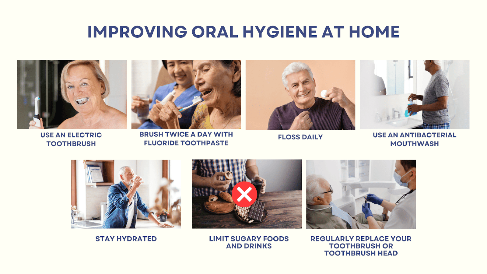 This is an infographic detailing at-home oral hygiene tips for seniors