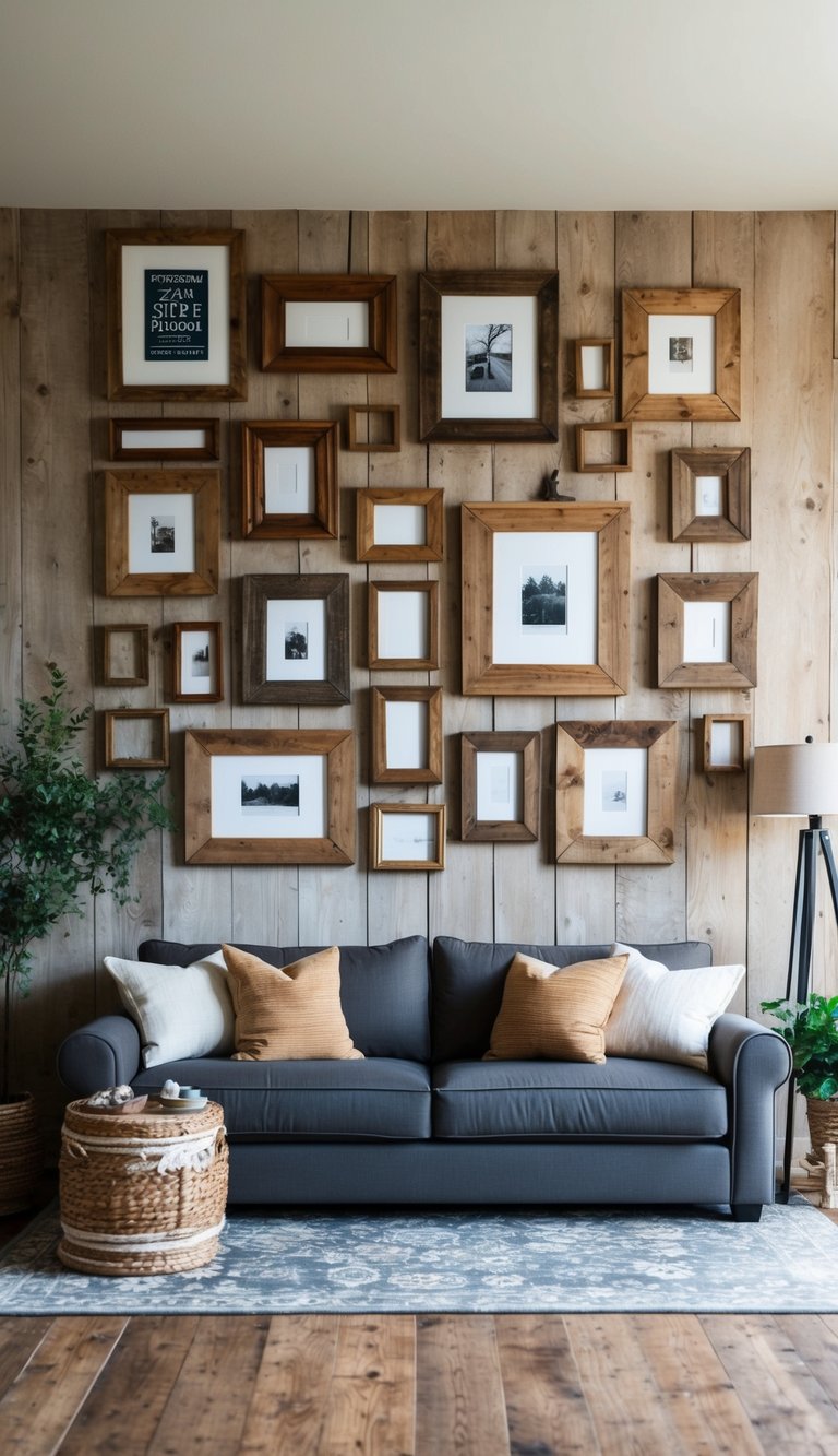 Various sizes of reclaimed wood picture frames on a wall