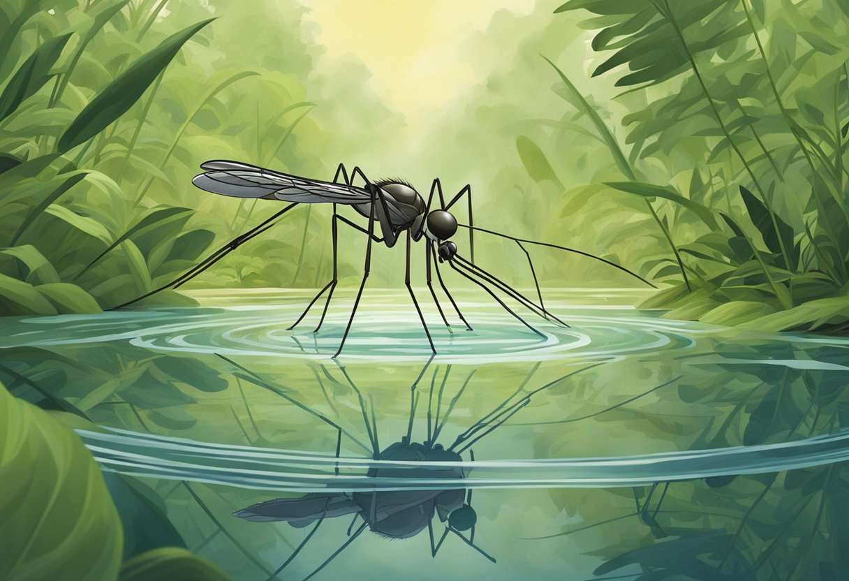 A mosquito hovers over a stagnant pool of water, surrounded by dense vegetation and warm, humid air