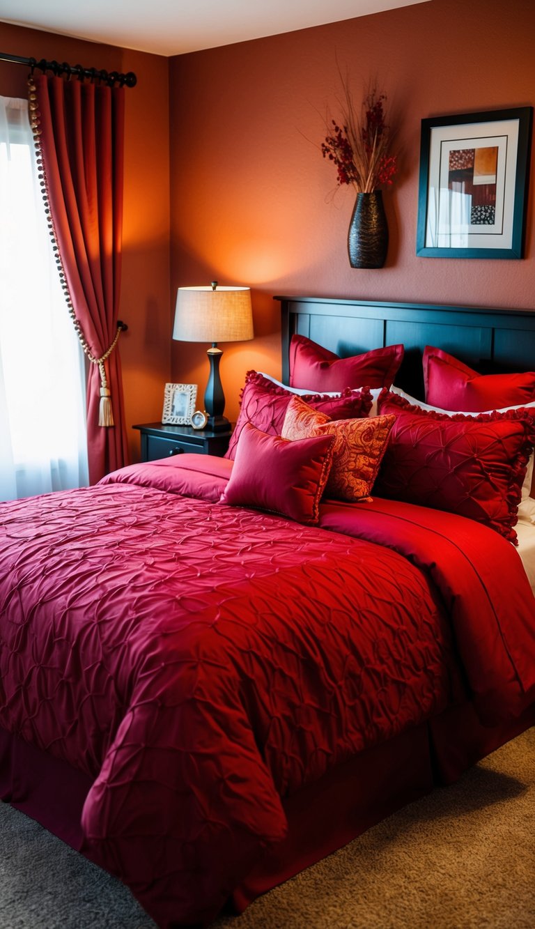 A cozy bedroom with a vibrant red garnet bedding set, accented with matching pillows and curtains. Warm lighting and decorative touches complete the inviting atmosphere