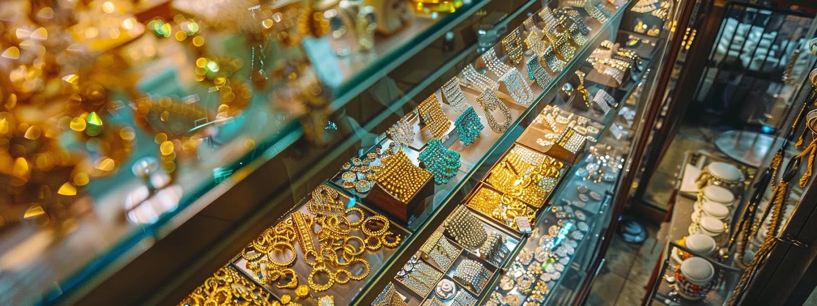 a vibrant, elegantly arranged display of unique custom jewelry glistens under soft overhead lighting in an upscale jewelry shop, showcasing a variety of pieces that embody both classic and contemporary designs, inviting visitors to explore like a treasure trove of exquisite craftsmanship.