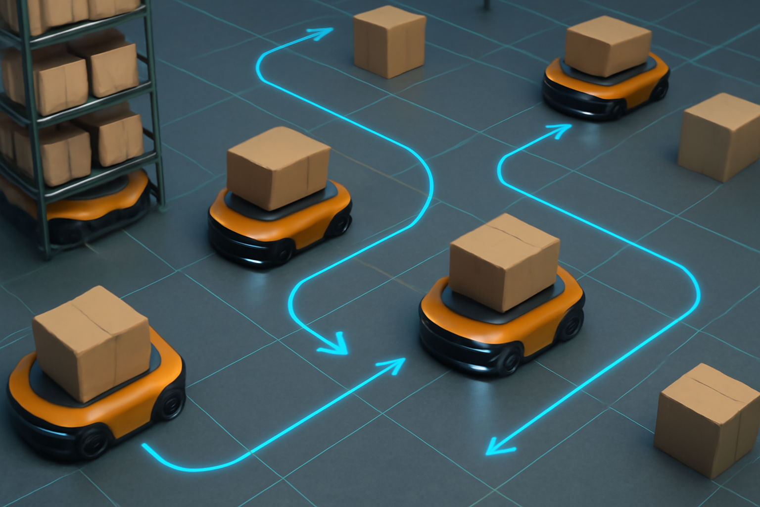 Overhead view of warehouse robots