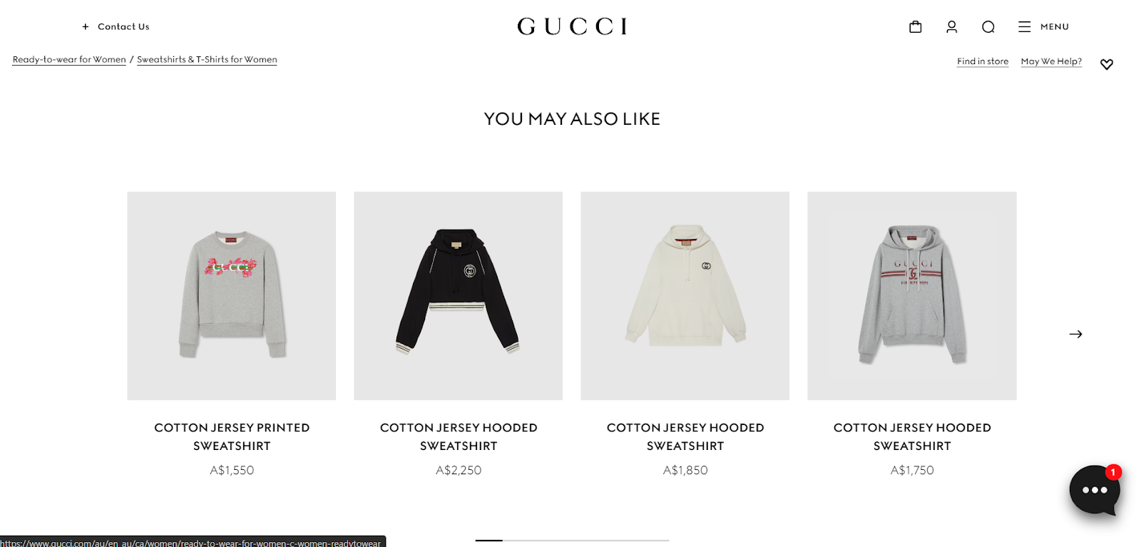 Gucci provides recommendations on the product page