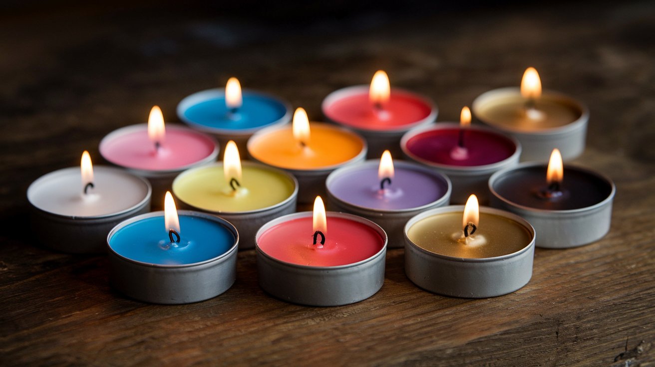 Dozens of tea light candles flickering softly in clear glass holders, scattered across a wedding reception table, adding a subtle and magical glow to the romantic evening setting.

