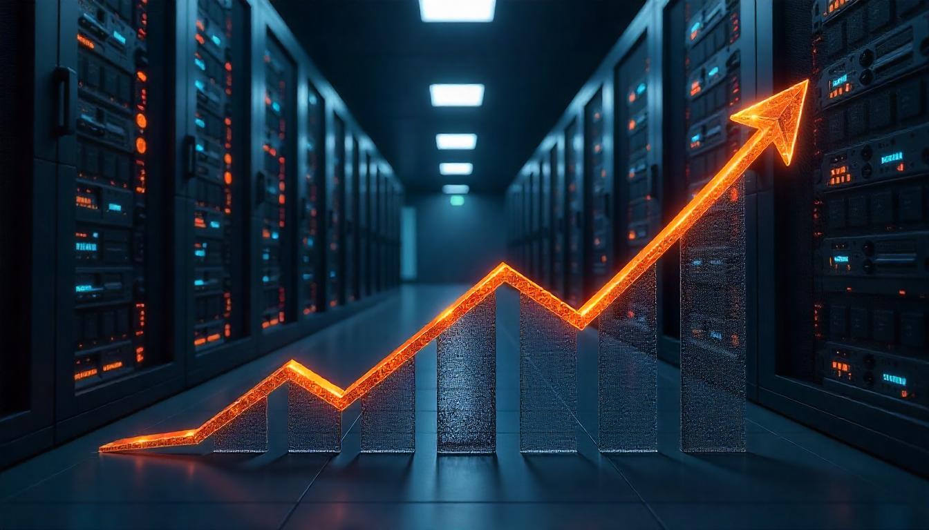 The striking visual of the glowing, upward-trending graph rising through the server-filled data center corridor symbolizes how cost effective security scaling can drive business growth. The MSSP's ability to provide scalable, enterprise-grade security solutions enables organizations to invest resources efficiently, securing their infrastructure without compromising profitability.