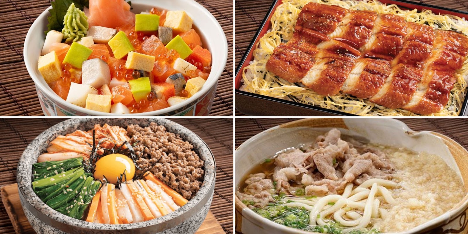 Chirashi sushi, Cơm Lươn Nhật, Cơm bát đá bò mỹ, Mỳ Udon bò Mỹ