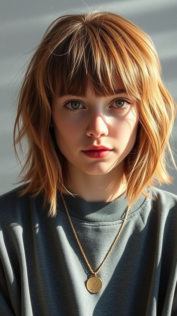 A young woman with a shaggy lob haircut and bangs, wearing a gray sweatshirt and a necklace, looking directly at the camera with soft lighting.