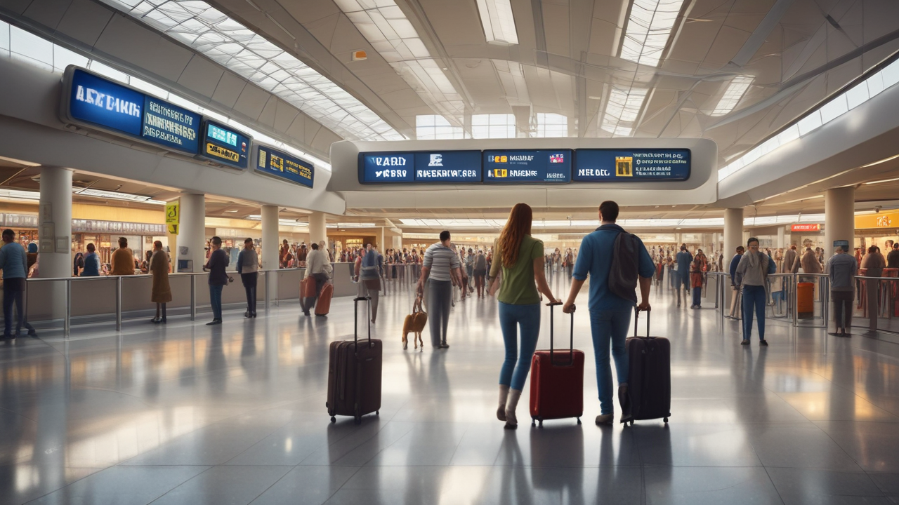 Family navigating airport terminal