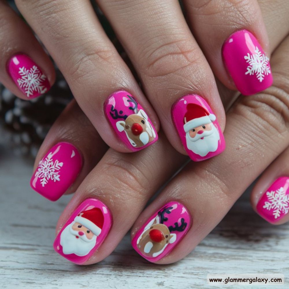 Short Christmas Nails having Festive Pink Manicures