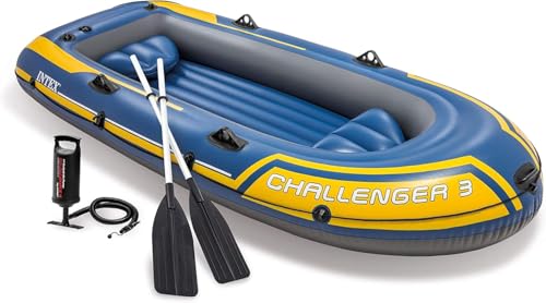 Intex 68370EP Challenger 3 Inflatable Boat Set: Includes Deluxe 54in Aluminum Oars and High-Output-Pump – Triple Air Chambers – Welded Oar Locks – 3-Person – 660lb Weight Capacity