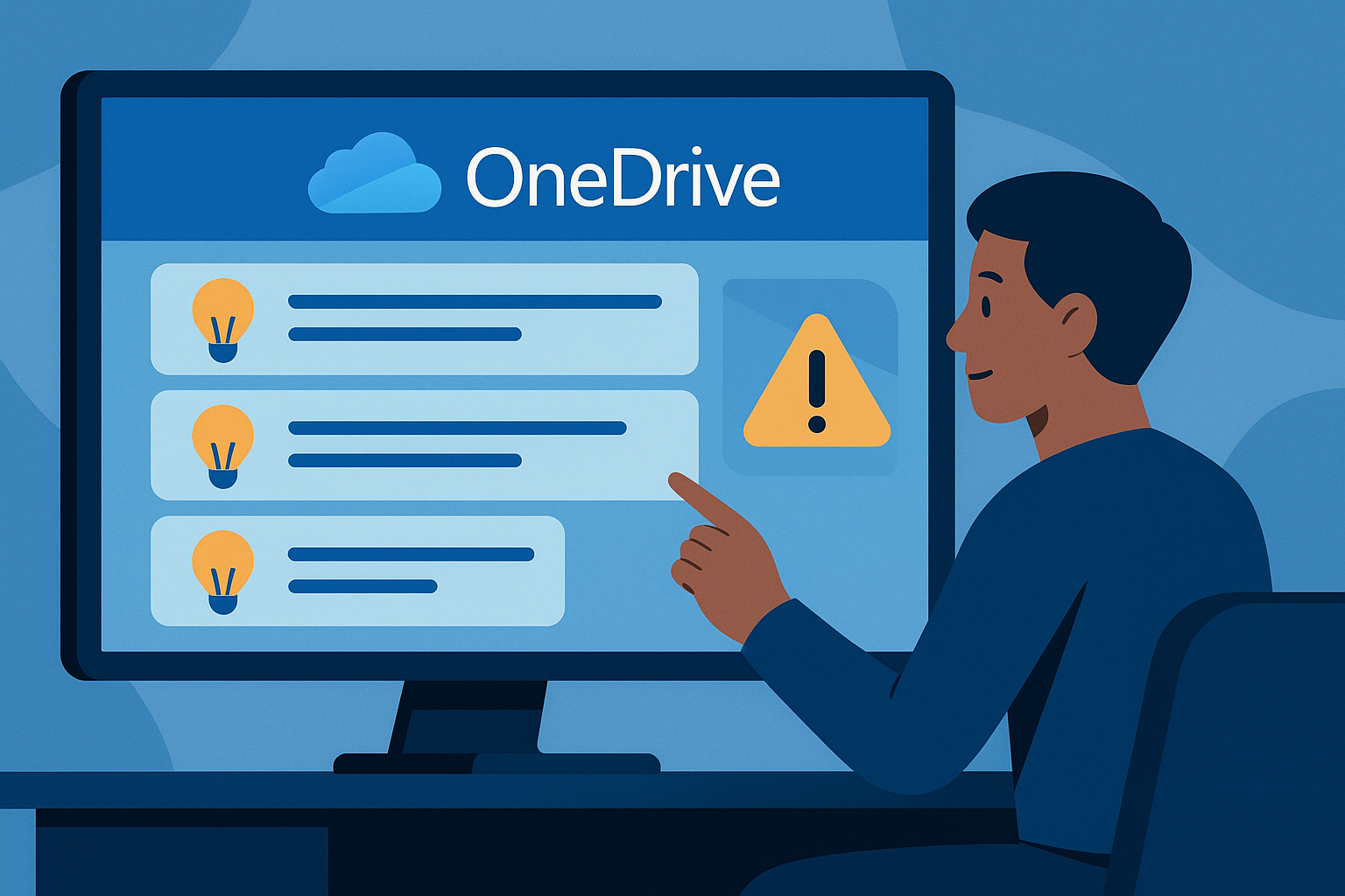 팁 전구 및 경고 삼각형 아이콘이 있는 OneDrive 화면