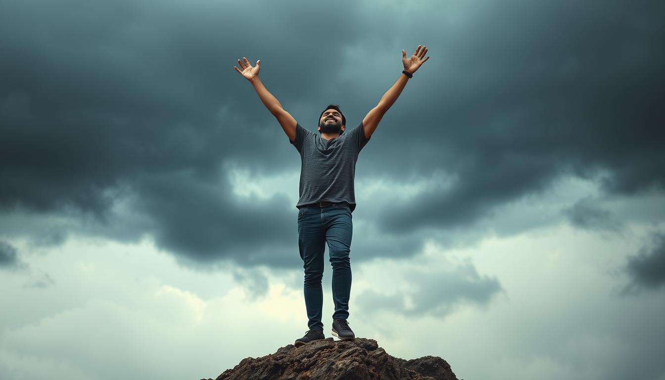 A person standing confidently on top of a mountain, with their arms raised high above their head. The person's face is uplifted and joyful, and there is a sense of triumph and accomplishment in their posture. In the background, there are dark clouds and stormy weather, but the person remains undaunted and resilient. The image should convey a sense of overcoming obstacles and pushing past limiting beliefs to achieve great things.