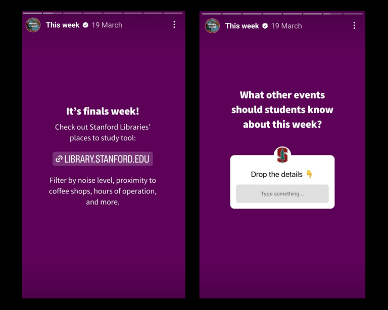 Stanford University using Instagram stories to share updates and information