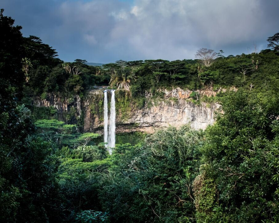 Long waterfall surrounded by lush greenery.