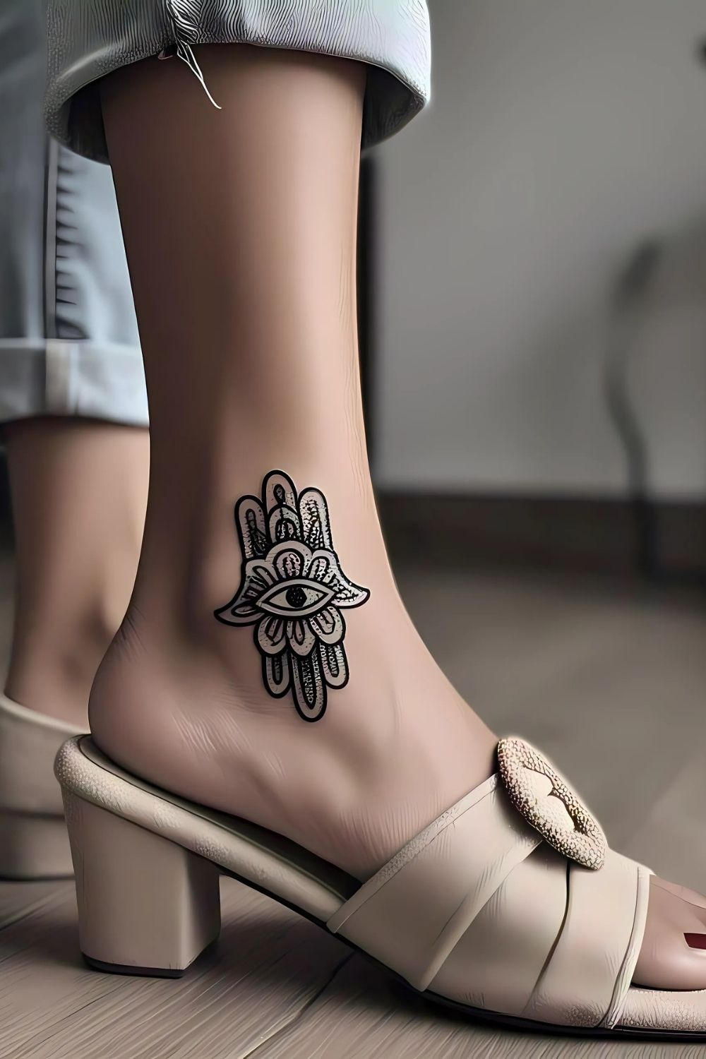 Hamsa Hand Ankle Tattoo