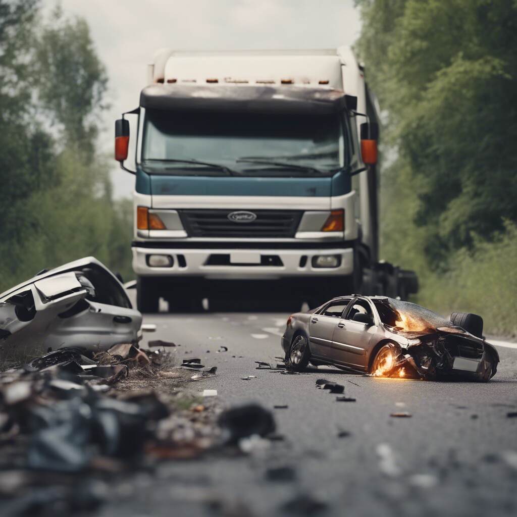 A truck accident collission scene with a car in the middle of the road.