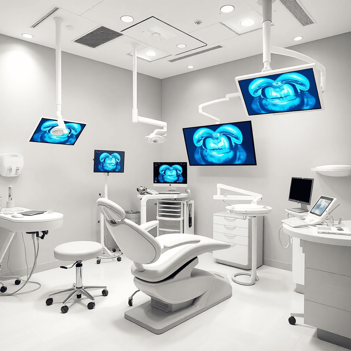 A modern dental clinic interior showcasing advanced equipment, bright lighting, and clean dental chairs, creating a welcoming atmosphere for patients.