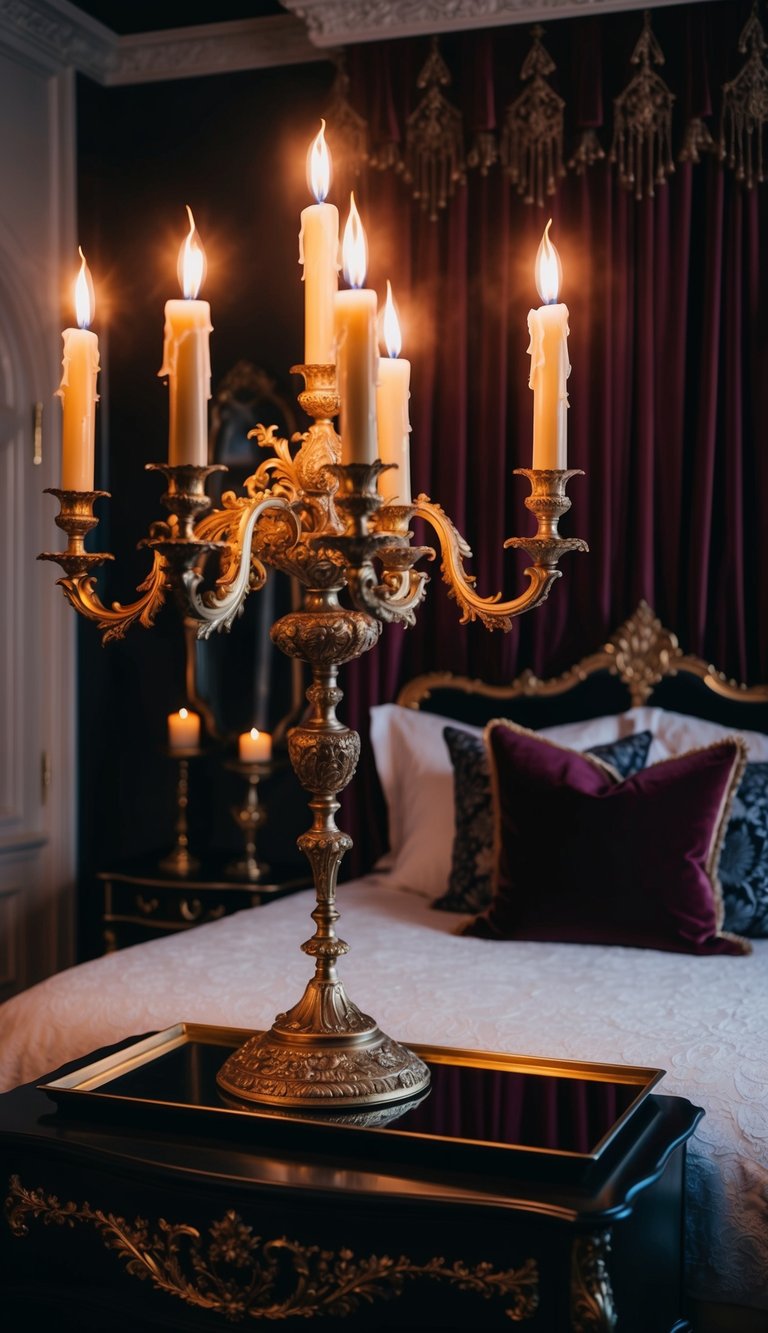 A gothic candelabra illuminates a dark, feminine bedroom with ornate furnishings and rich, velvet drapes