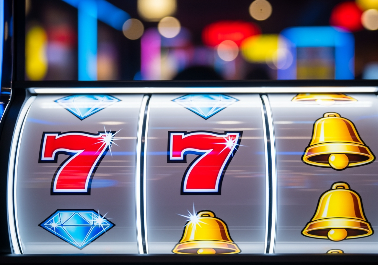 A vibrant, close-up shot of a modern digital slot machine reel spinning, with glowing neon symbols like lucky sevens, diamonds, and bells. The background is blurred with bokeh lights, creating a sense of excitement and potential win