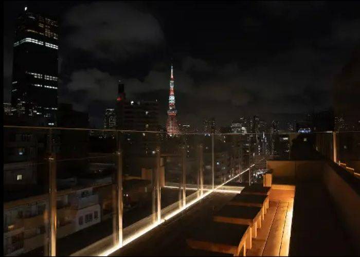 The rooftop terrace of Tokyo Confidential, boasting views of the Tokyo Tower.