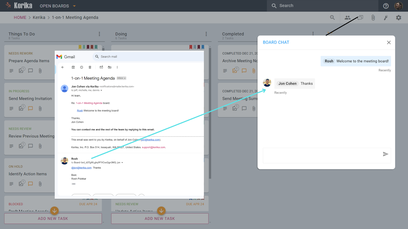 Captură de ecran care ilustrează caracteristica convenabilă „Răspunde prin e-mail la chat” a Kerika pentru comunicarea la nivel de bord. Acesta conectează un mesaj din panoul „BOARD CHAT” Kerika la notificarea sa prin e-mail corespunzătoare și arată cum răspunsul prin Gmail sincronizează instantaneu răspunsul în chatul comun partajat. Această integrare perfectă îmbunătățește colaborarea în echipă și ușurința în utilizare, permițând utilizatorilor să contribuie la discuțiile la nivel de proiect direct din e-mailul lor, menținând pe toți informați fără efort, fără a fi nevoie să se autentifice.