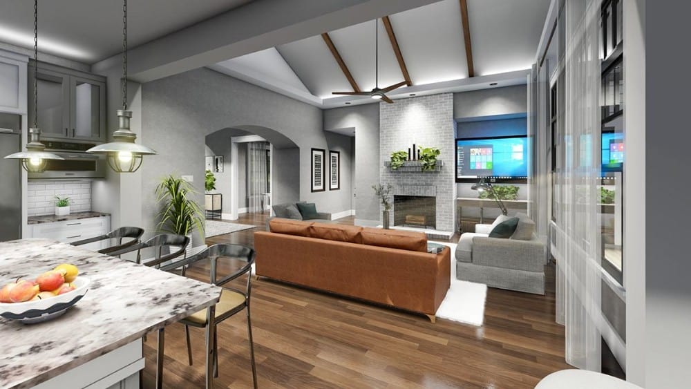 View of the kitchen and family room from the breakfast nook.