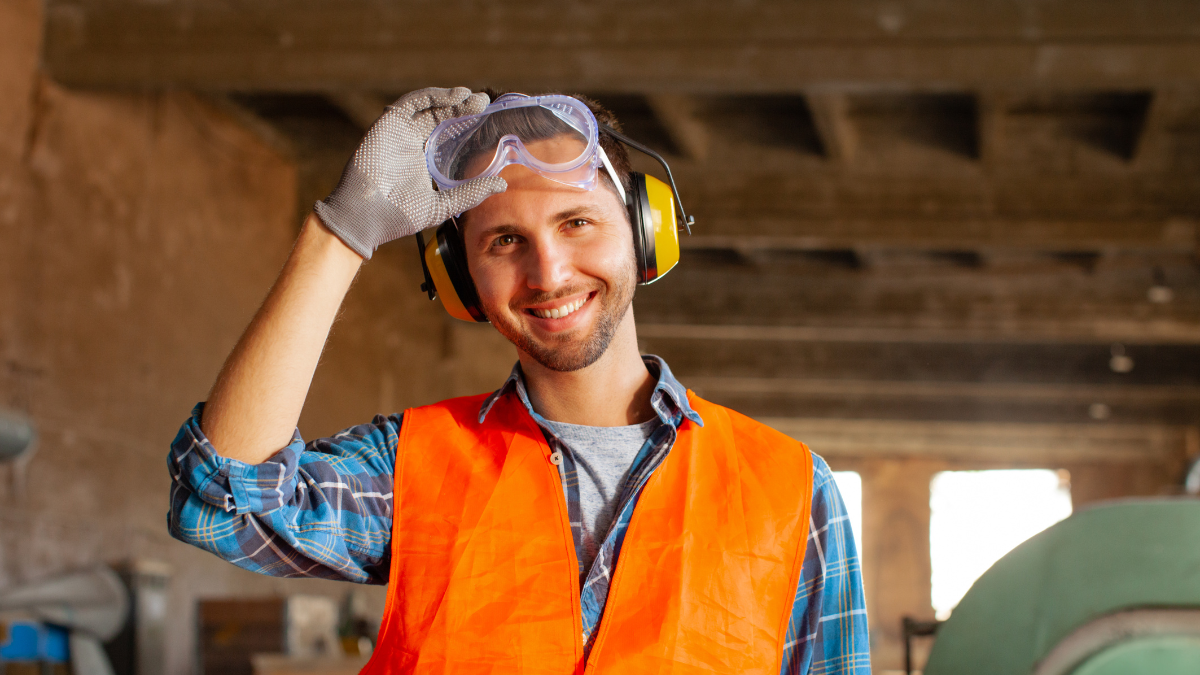 Smiling construction worker wearing safety gear, including goggles, earmuffs, gloves, and an orange vest.