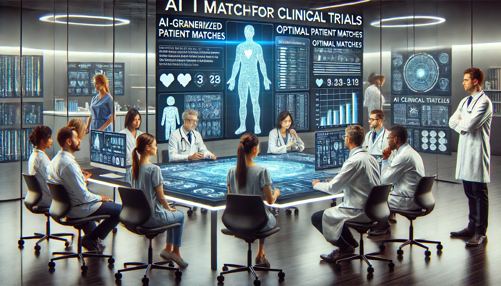 AI optimizing patient matching for clinical trials, with researchers discussing AI-generated patient matches in a clinical research setting.