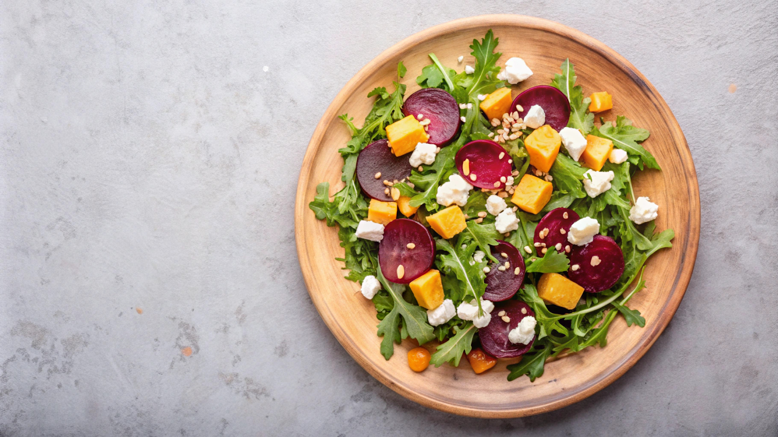 Salada colorida com beterraba, rúcula e queijo feta.