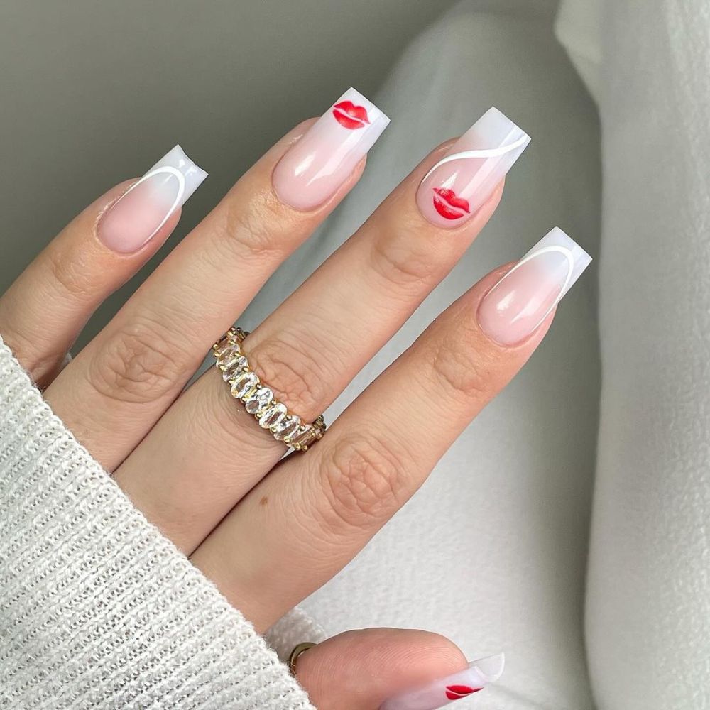 Simple White Nail Design having Kiss Design on Nails