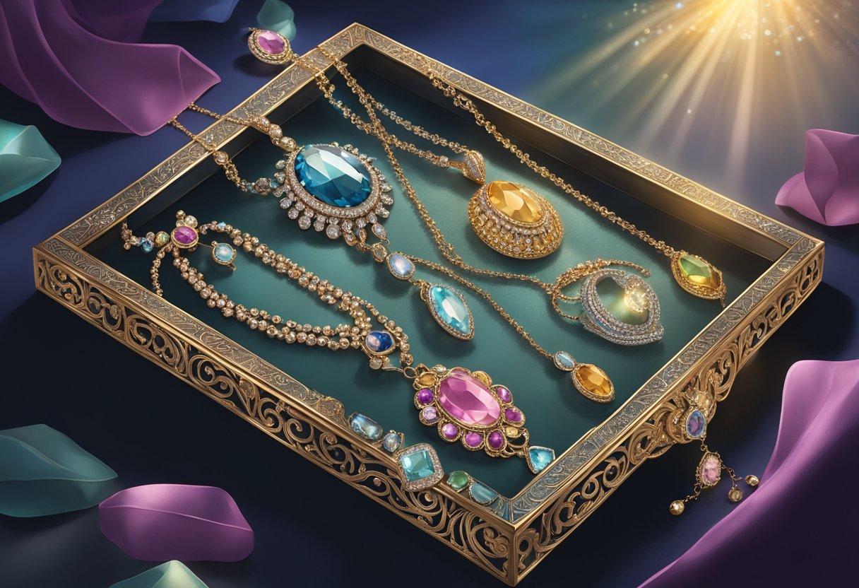 A display of elegant women's necklaces on a velvet-lined tray, shimmering in the soft glow of a spotlight, with intricate designs and sparkling gemstones