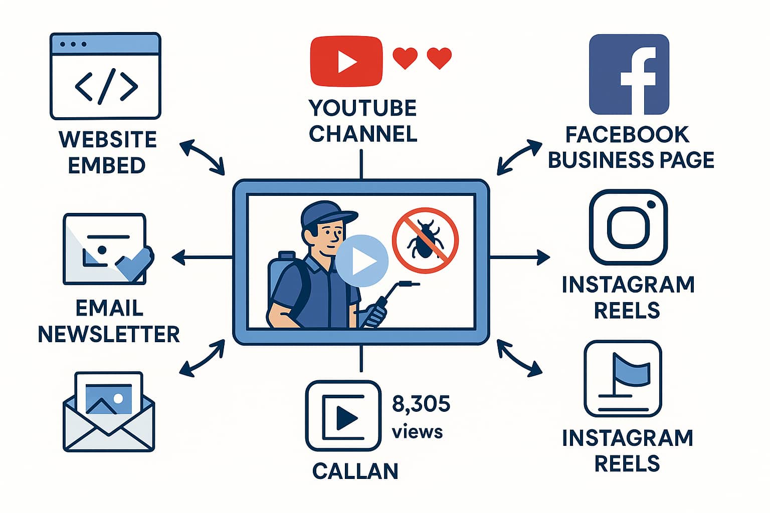 Video distribution strategy for pest control companies showing how to share content across website, YouTube, social media and email marketing.