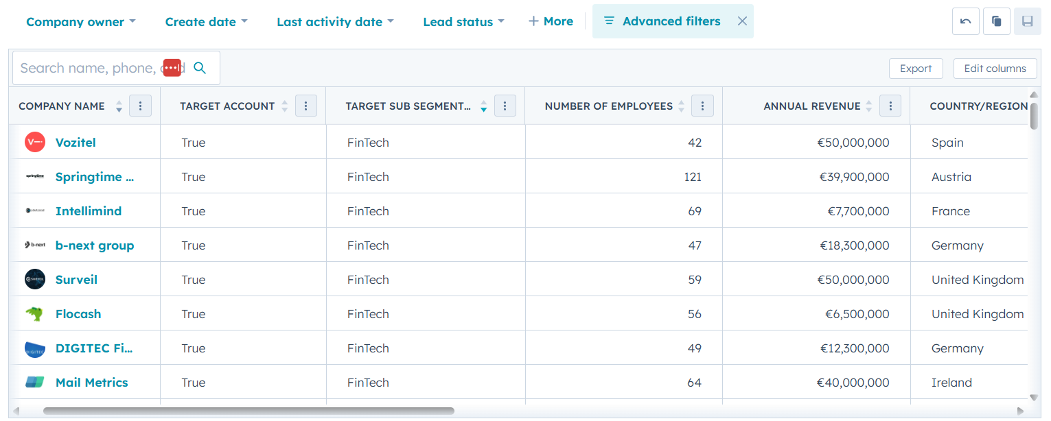 BM Segmentation in HubSpot: Companies segmented by industry