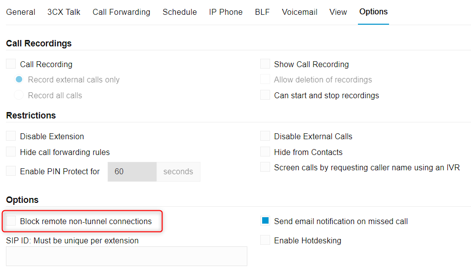 3CX extension options tab