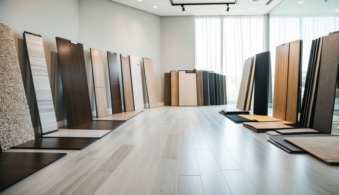 A room with various types of LVT flooring samples displayed on a clean, well-lit showroom floor. Different textures, colors, and patterns are showcased for comparison