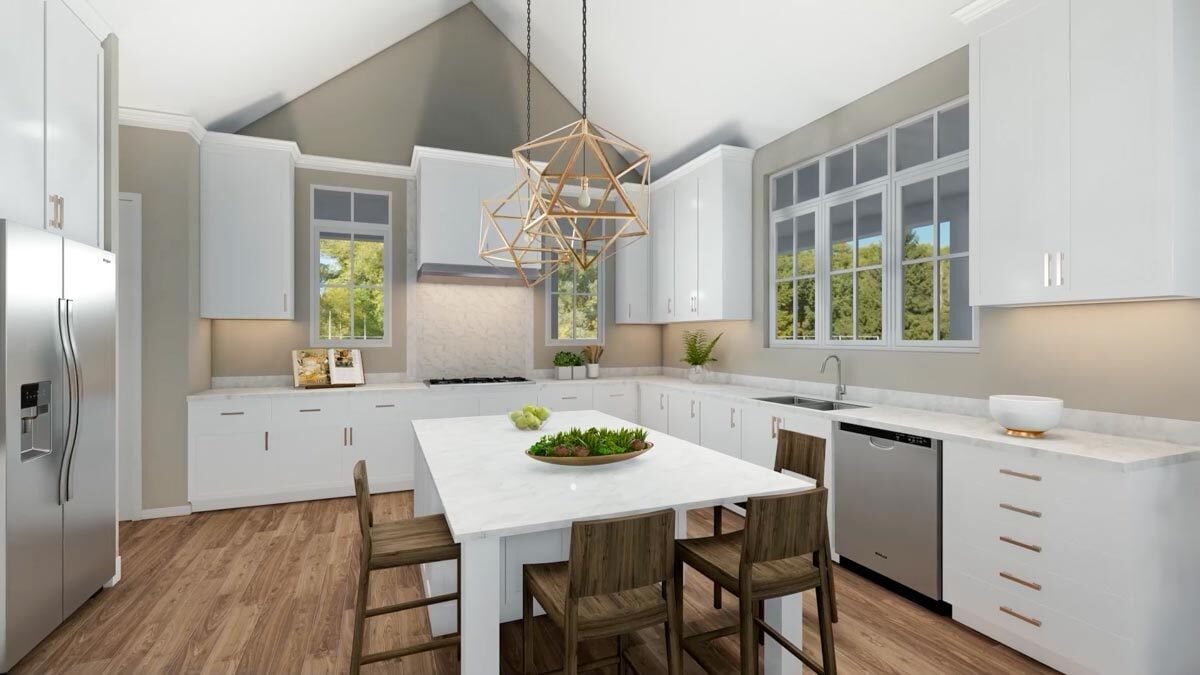 Kitchen with a cathedral ceiling, hardwood flooring, and white framed windows that bring natural light in.