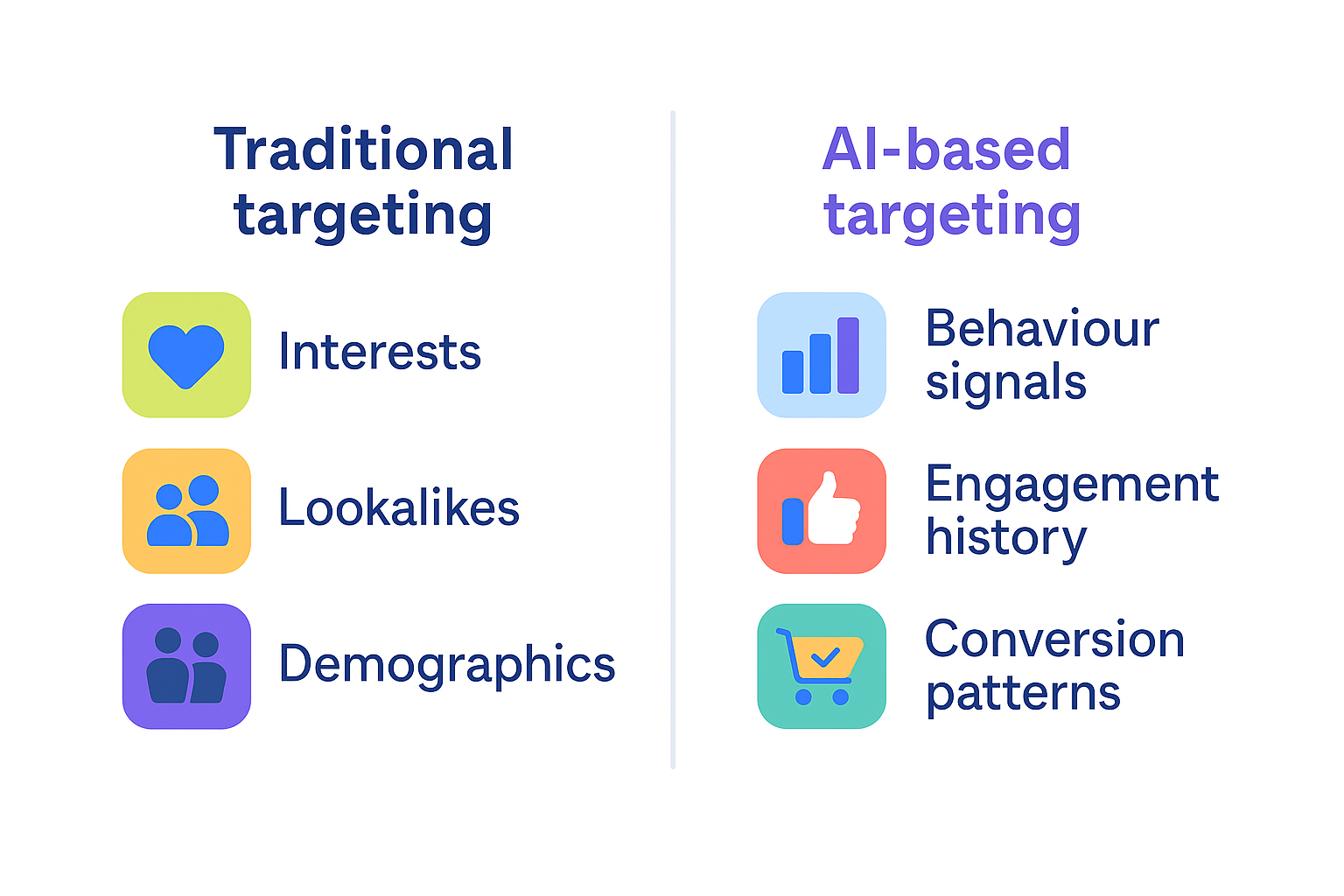 Comparison chart showing traditional vs AI-based Facebook ad targeting methods