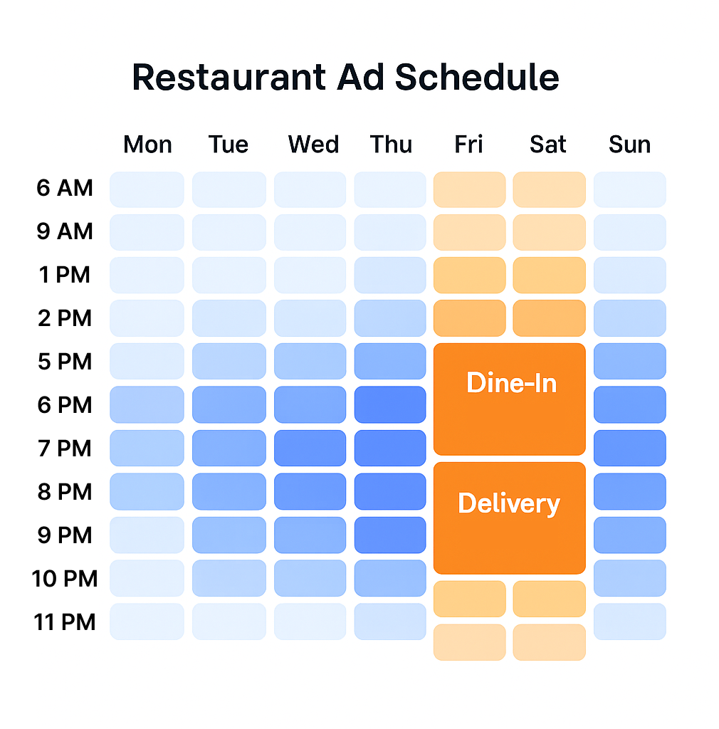 Restaurant ad schedule heatmap showing peak engagement times for dine-in and delivery across days and time slots