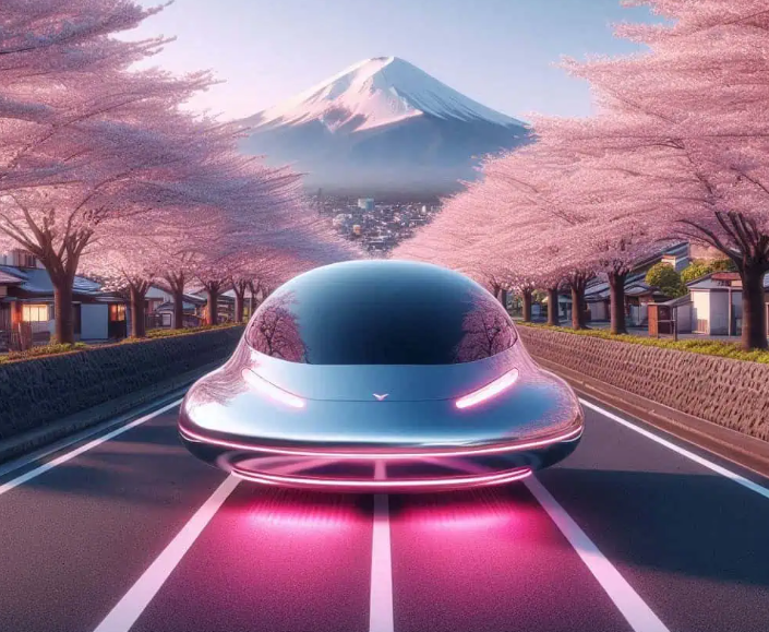 A silver car driving down a road with pink trees and a mountain in the background

Description automatically generated