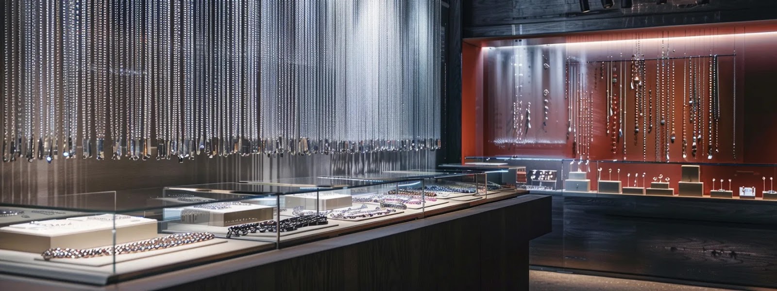 a sleek, modern jewelry studio showcases an elegant display of diverse custom chains arranged artfully, with a stylish backdrop highlighting miami-inspired decor, creating a visually engaging atmosphere that reflects personal fashion and sophisticated craftsmanship.