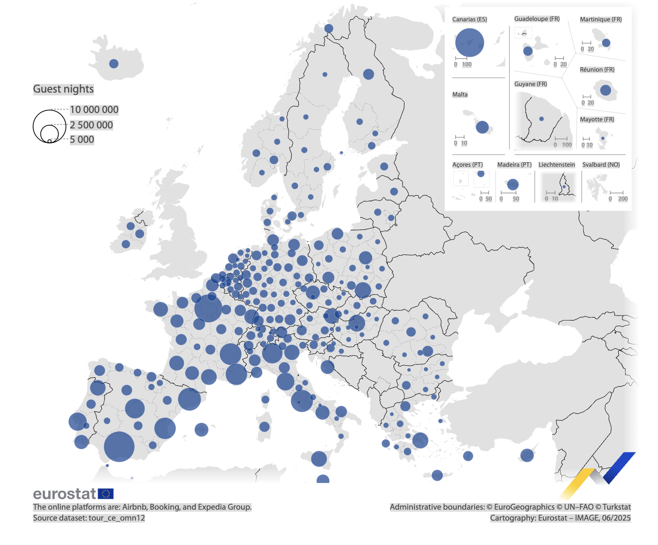 . Larger circles indicate higher numbers of bookings, with notable concentrations in Southern Europe—especially Spain, France, and Italy. Insets show additional data for overseas territories such as the Canary Islands, Guadeloupe, Martinique, and others.