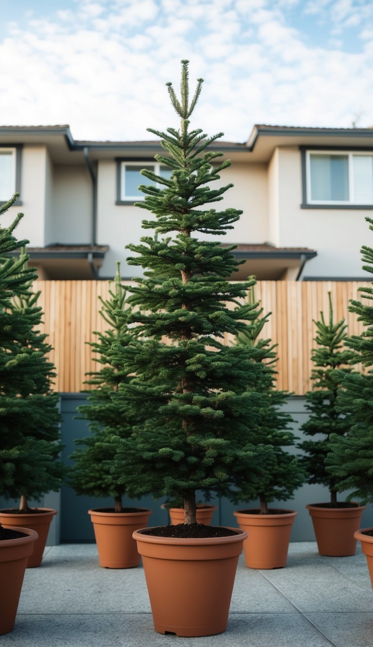 Several potted evergreen trees arranged in a staggered pattern to create a natural privacy barrier between two houses