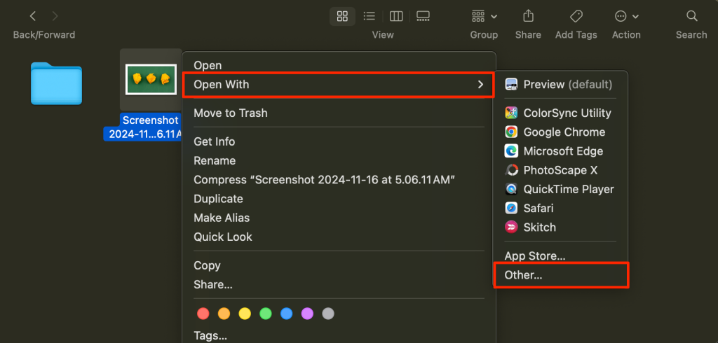 Steps to open a screenshot in the Photos app on a Mac